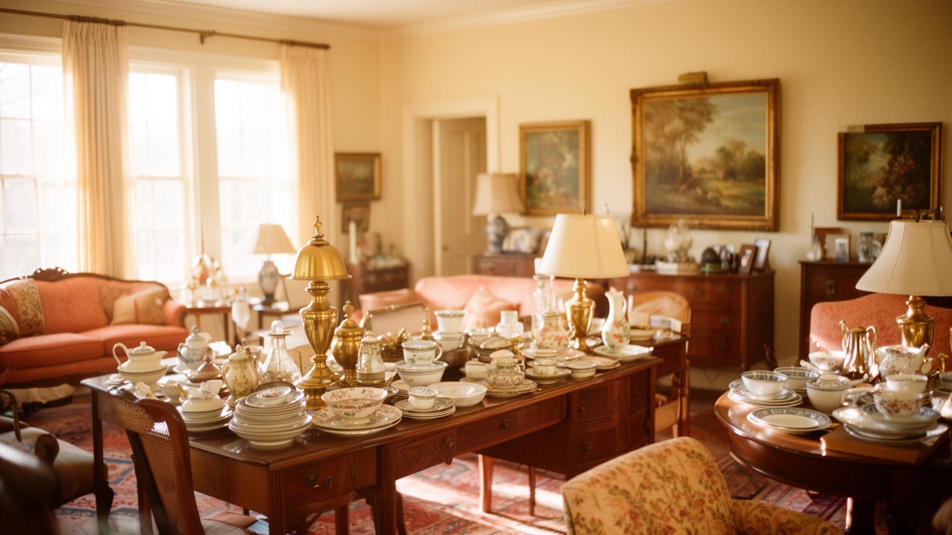 Beautifully arranged estate sale with antique furniture and heirlooms